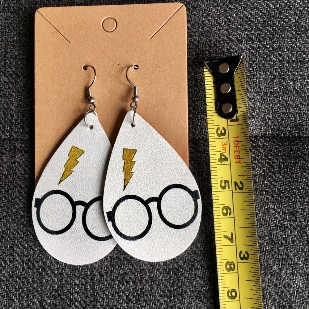 Harry Potter Leather Dangle Earrings, White, Black, Lime Green - Picture 10 of 14